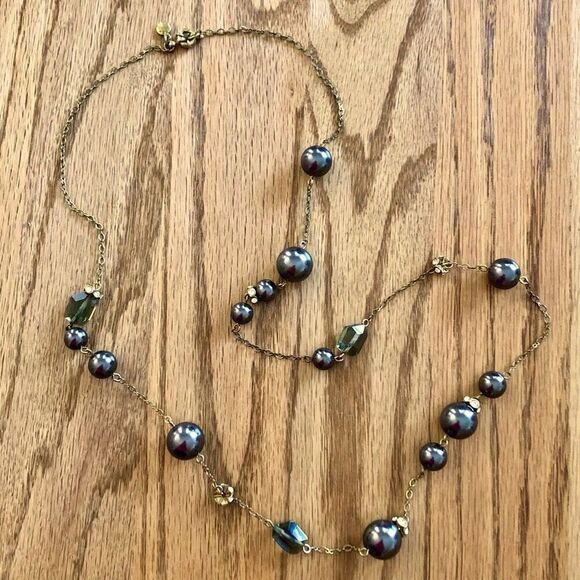 J.Crew | Grey Faux Pearl and Crystal Station Necklace | 36” Length - Picture 1 of 5